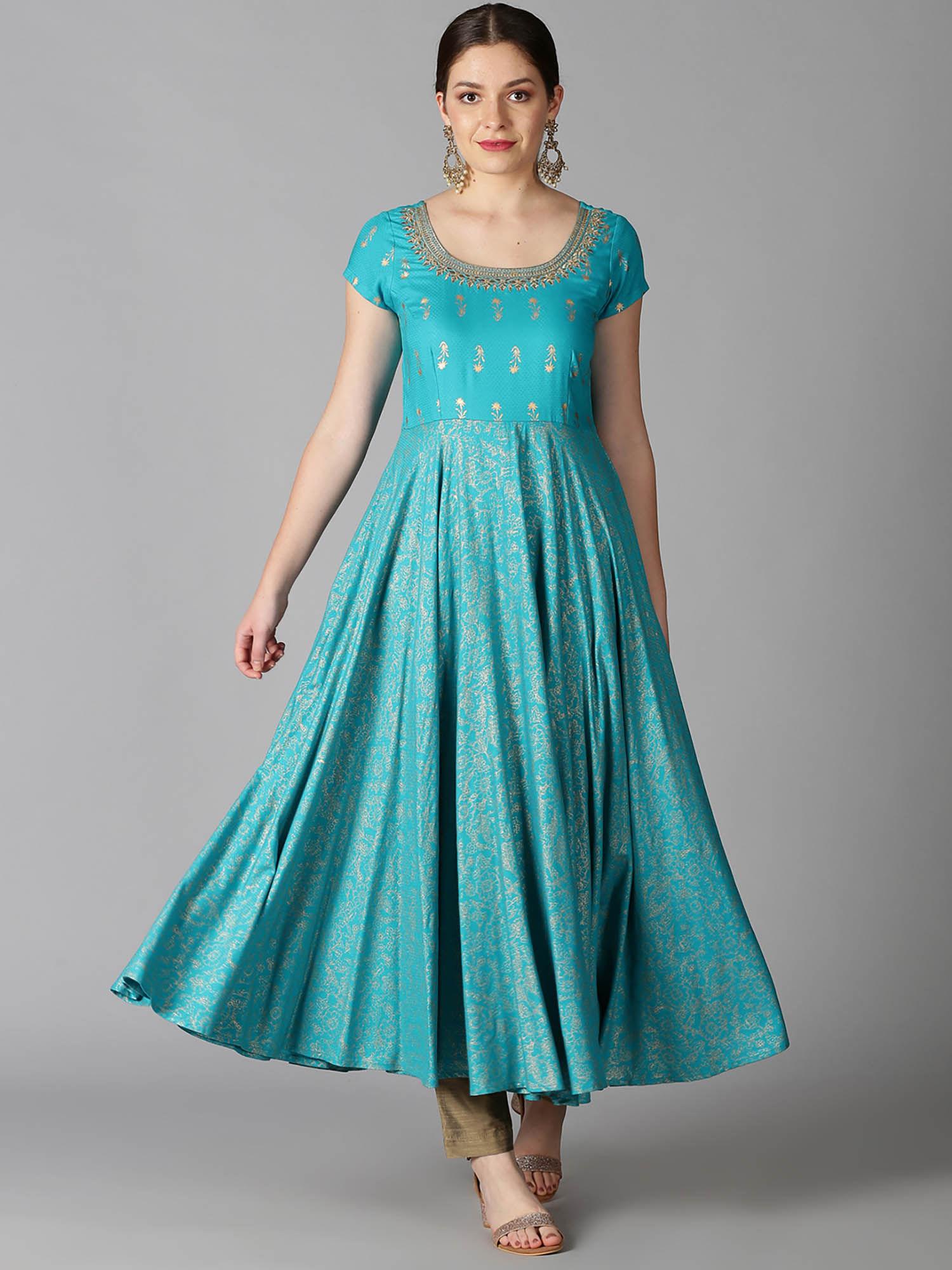 turquoise blue dobby gold printed anarkali kurta