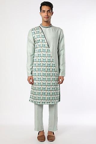 turquoise blue dupion printed kurta set