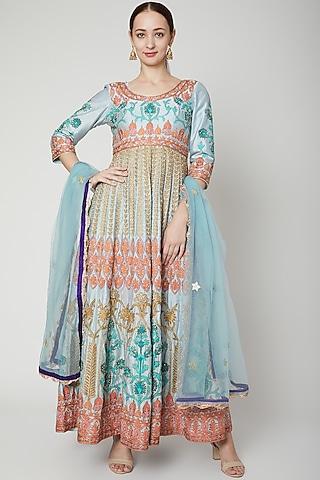 turquoise blue embroidered anarkali with dupatta