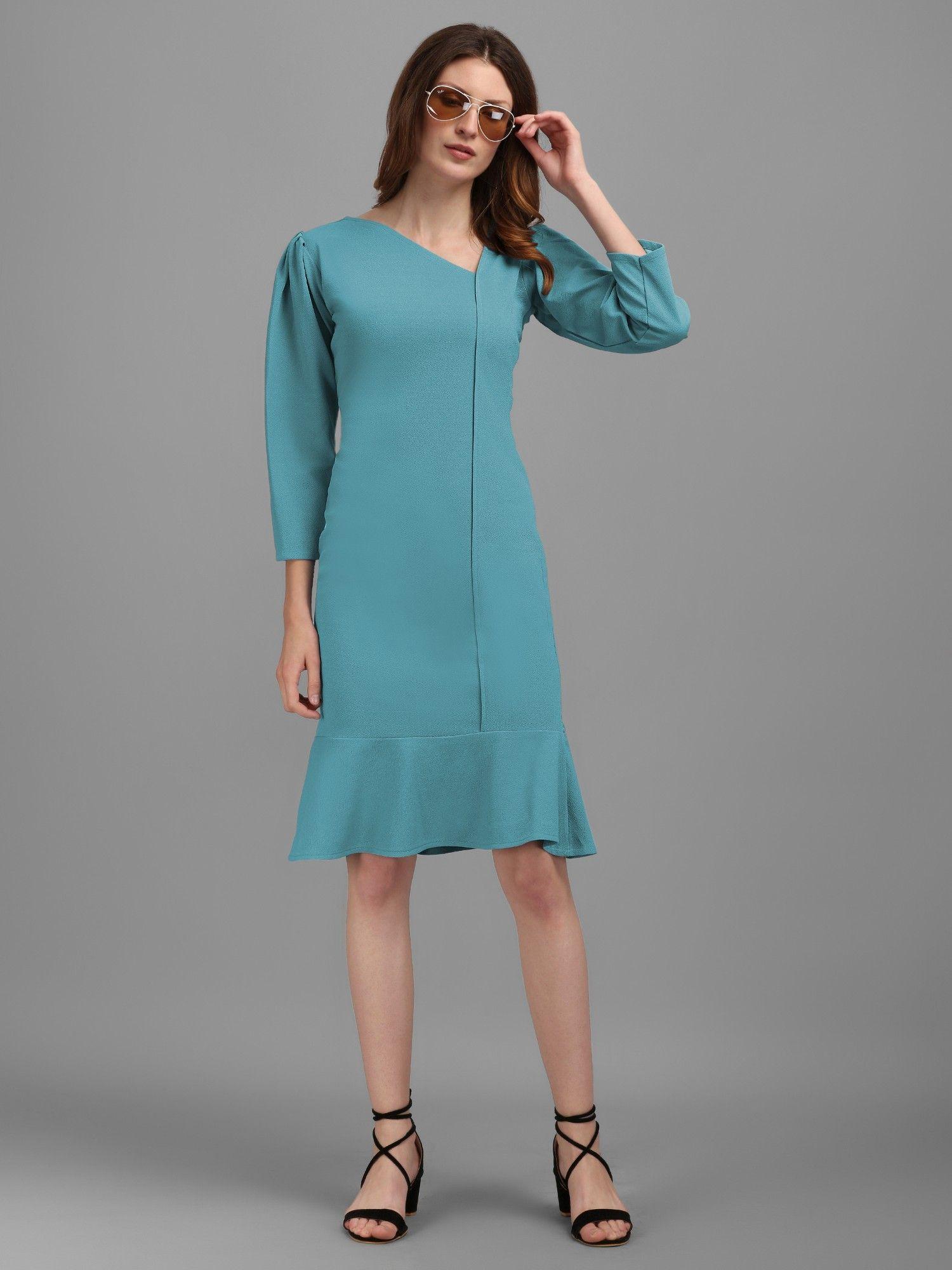 turquoise blue fit & flare knee length dress