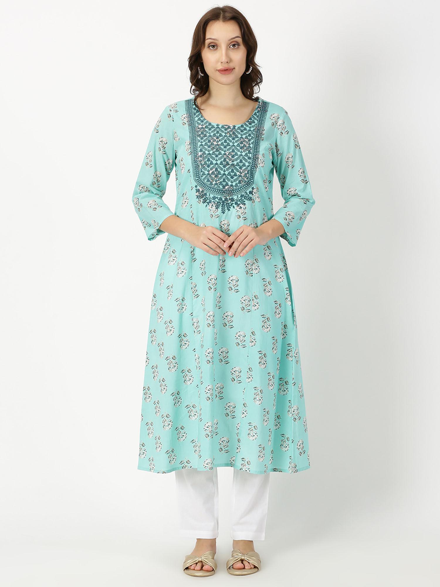 turquoise blue floral print kurta with yoke embroidery