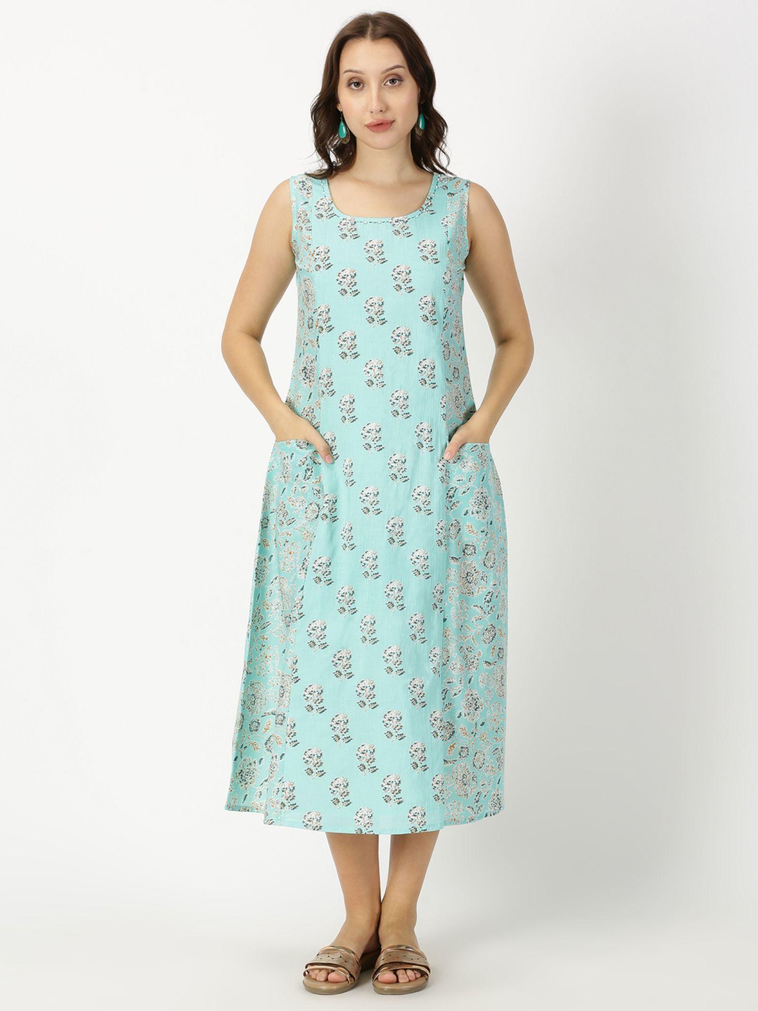 turquoise blue floral print panelled midi dress