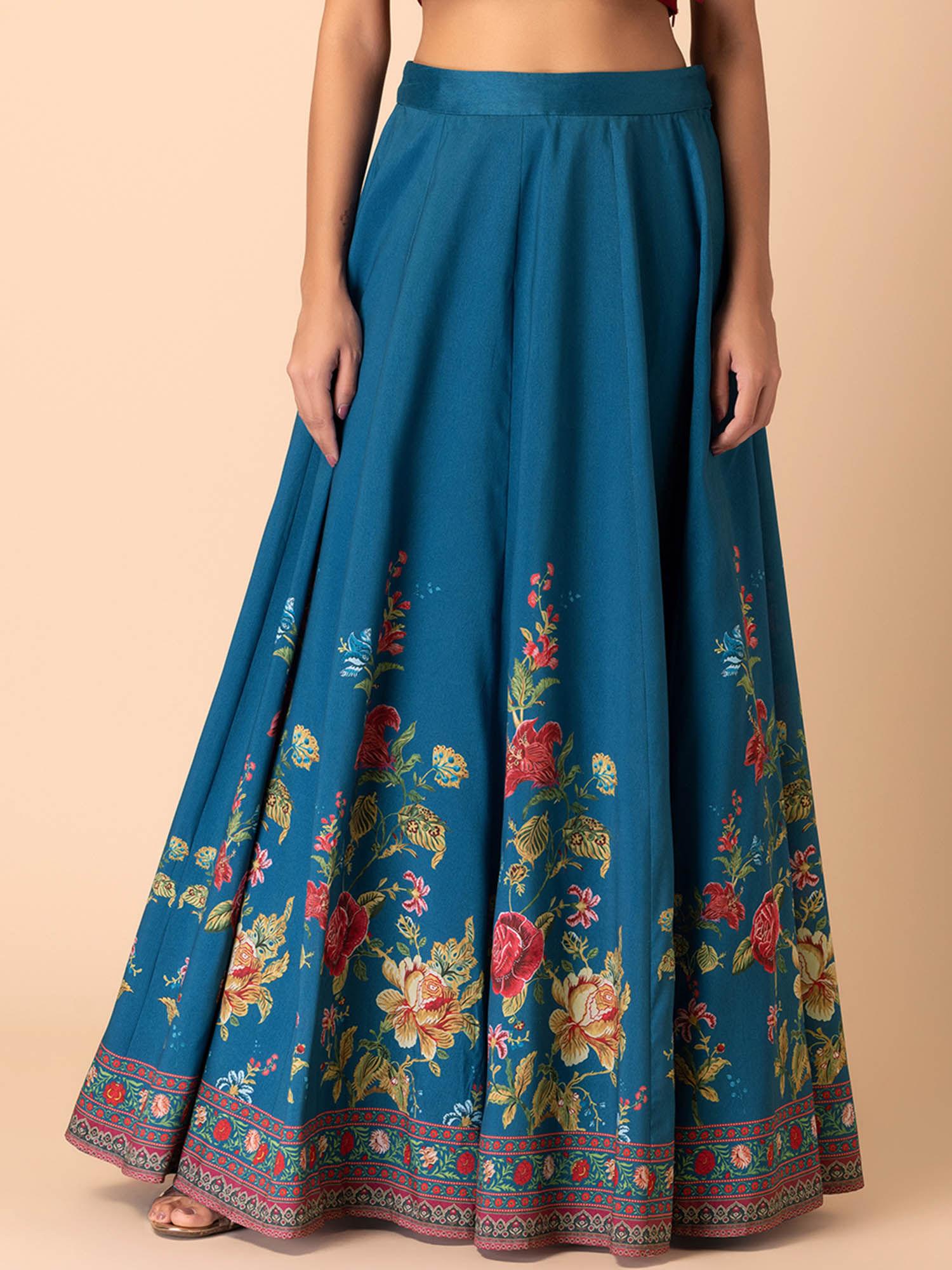 turquoise blue floral print silk lehenga skirt