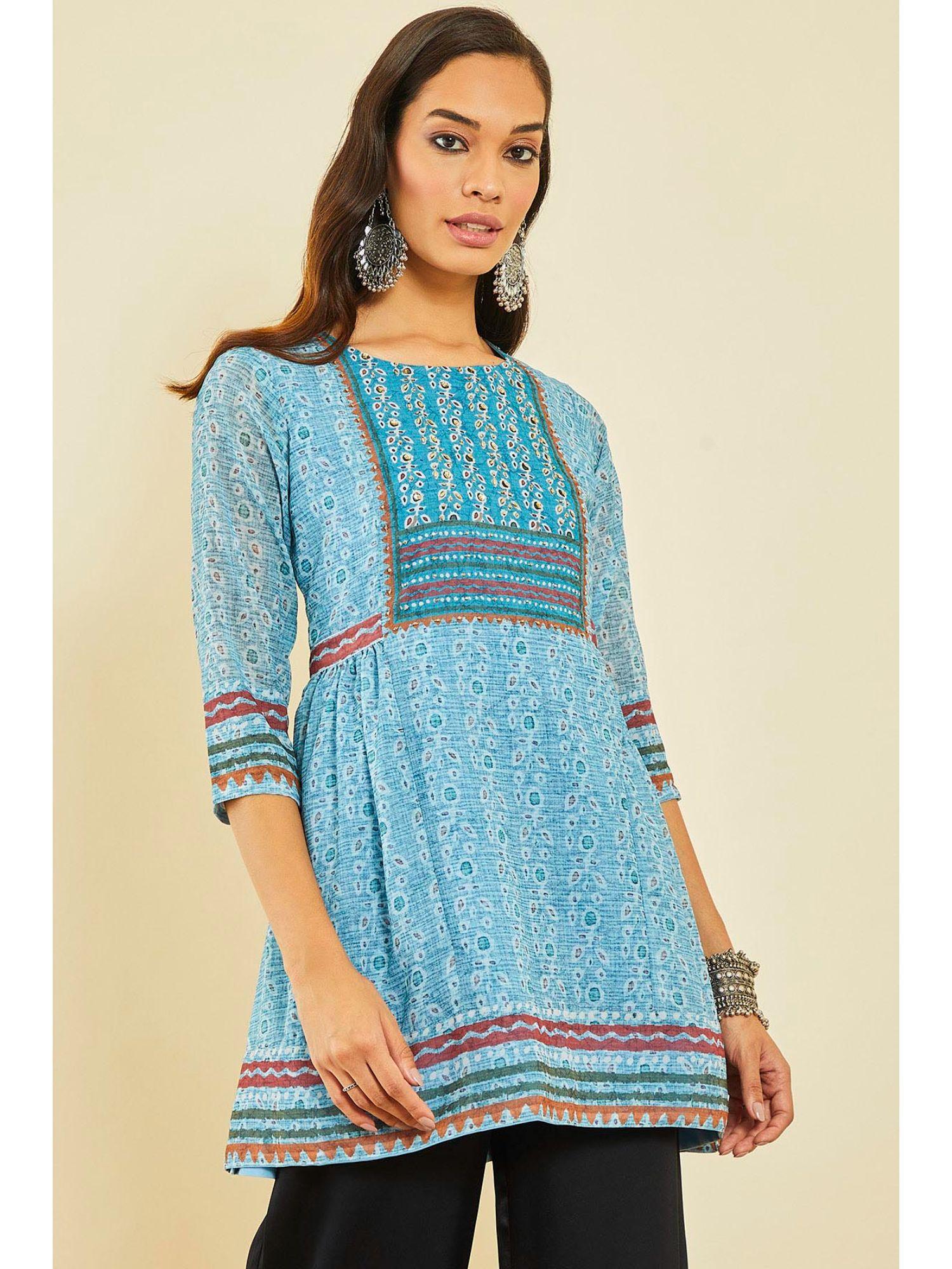 turquoise blue georgette botanical print tunic with beads