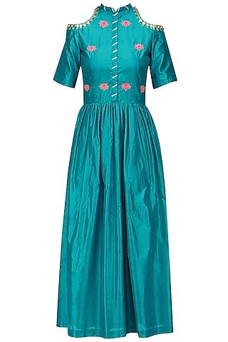 turquoise blue gota patti work cold shoulder maxi dress