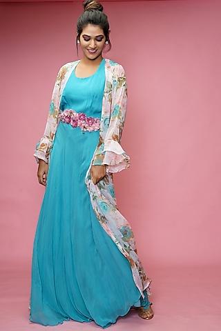 turquoise blue gown with shrug