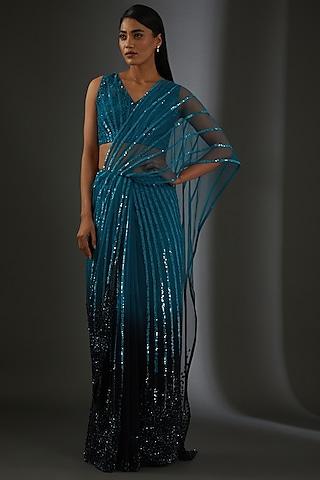 turquoise blue ombre tulle embroidered striped saree set