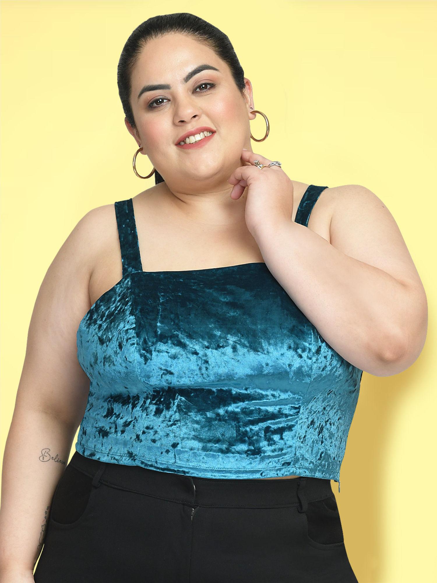 turquoise blue plus size velvet crop top