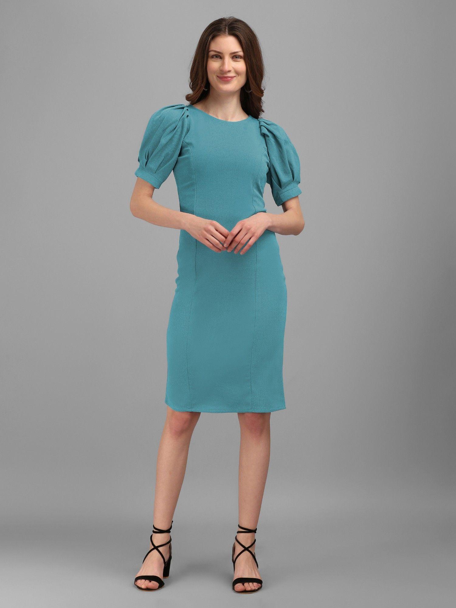 turquoise blue princess line bodycon knee length dress