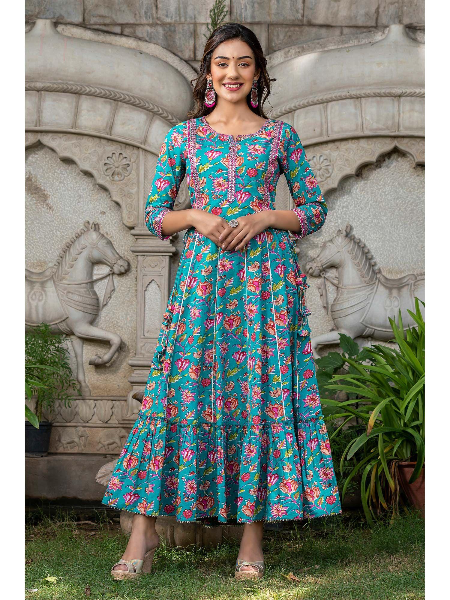 turquoise blue printed yoke embroidered ethnic dress