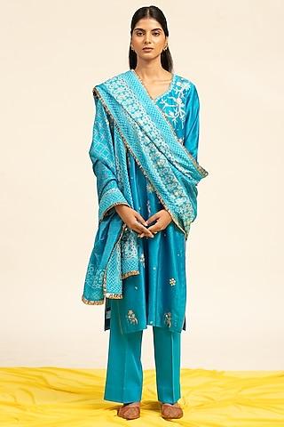 turquoise blue pure chanderi machine & hand embroidered kurta set