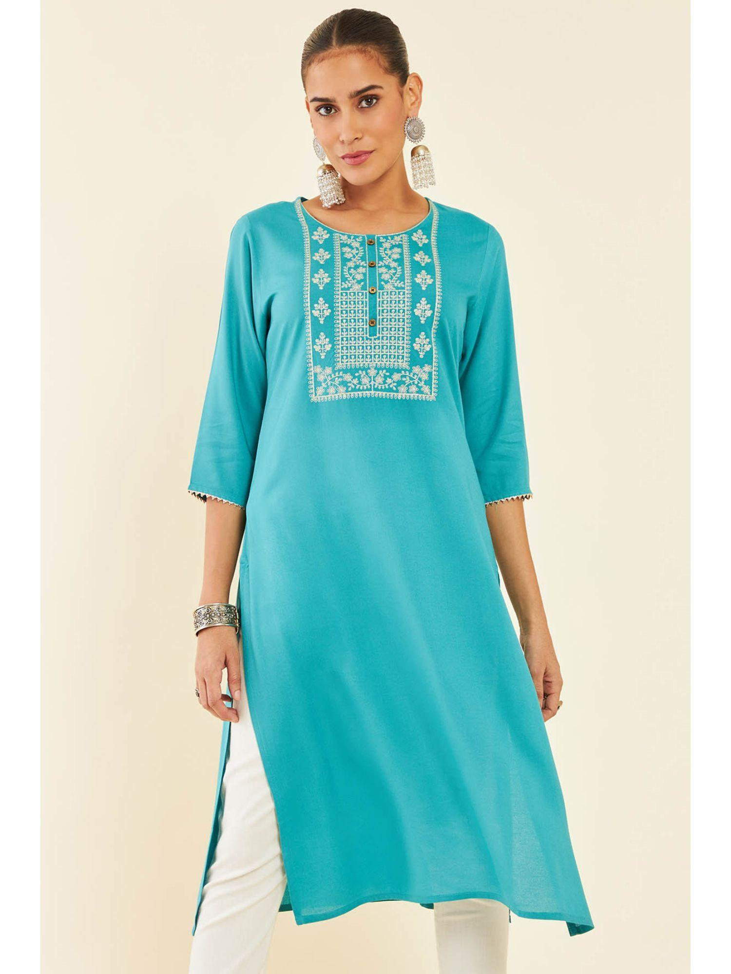 turquoise blue rayon zari embroidered straight kurta with gota patti