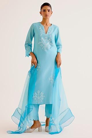 turquoise blue silk chanderi dori embroidered kurta set