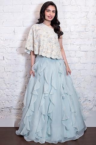 turquoise blue silk organza ruffled lehenga set