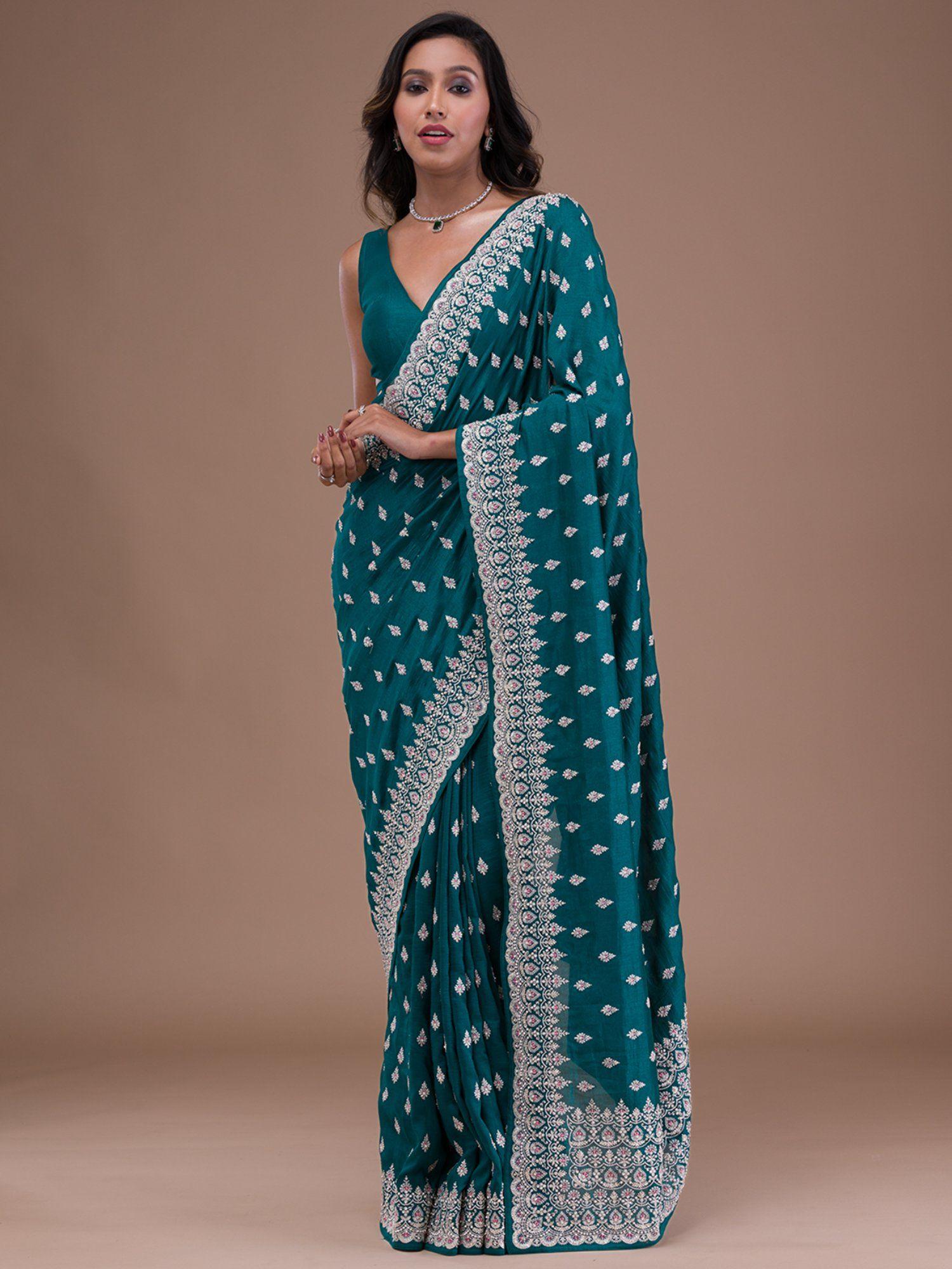 turquoise blue silver zari work raw silk saree with unstitched blouse