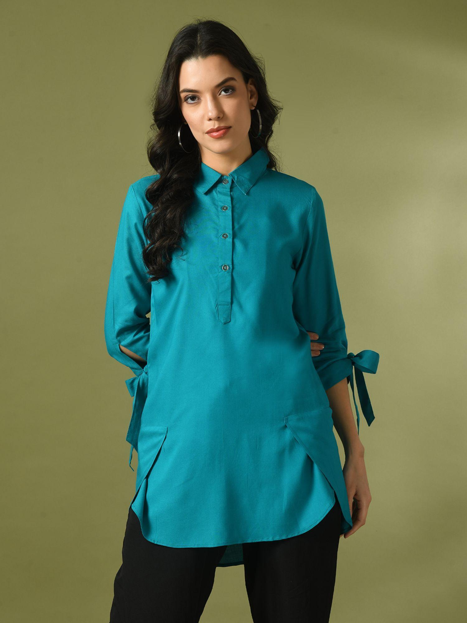 turquoise blue solid cotton longline party tunic