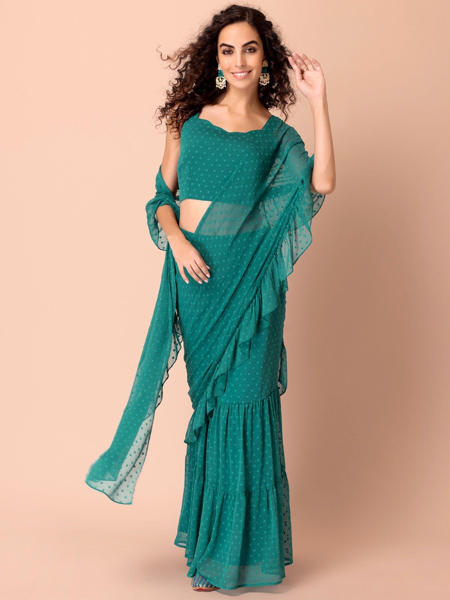 turquoise blue swiss dot frilled pre draped saree