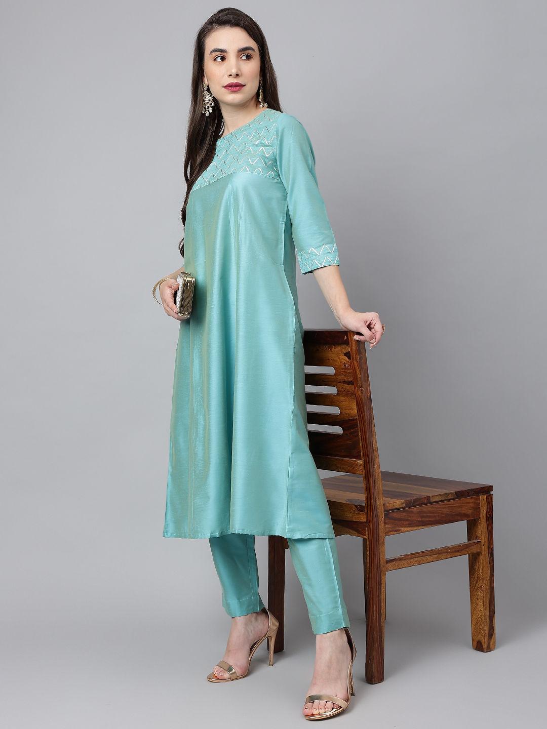 turquoise blue woven design self a-line kurta with solid trousers (set of 2)