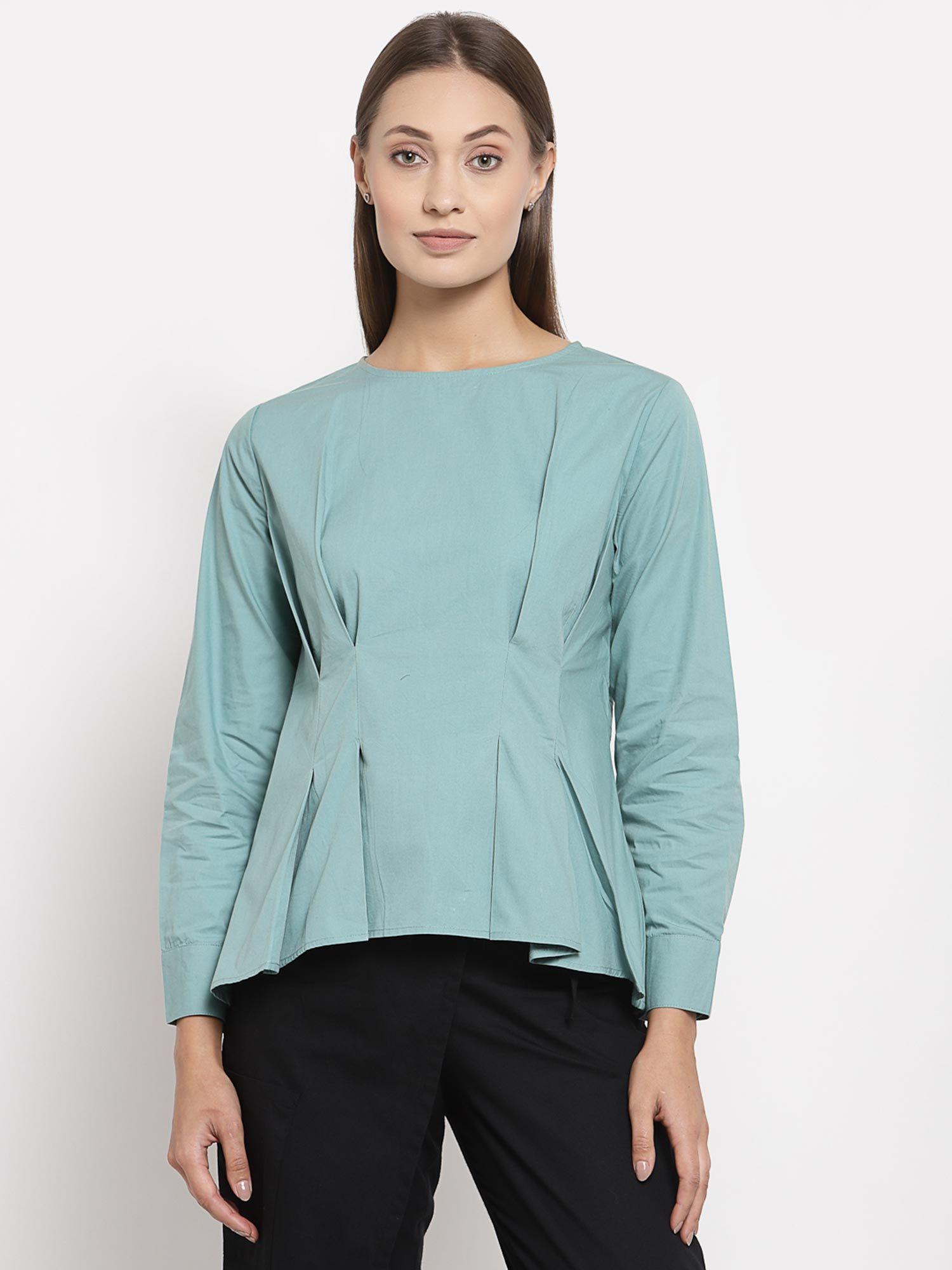 turquoise boat neck pleated top