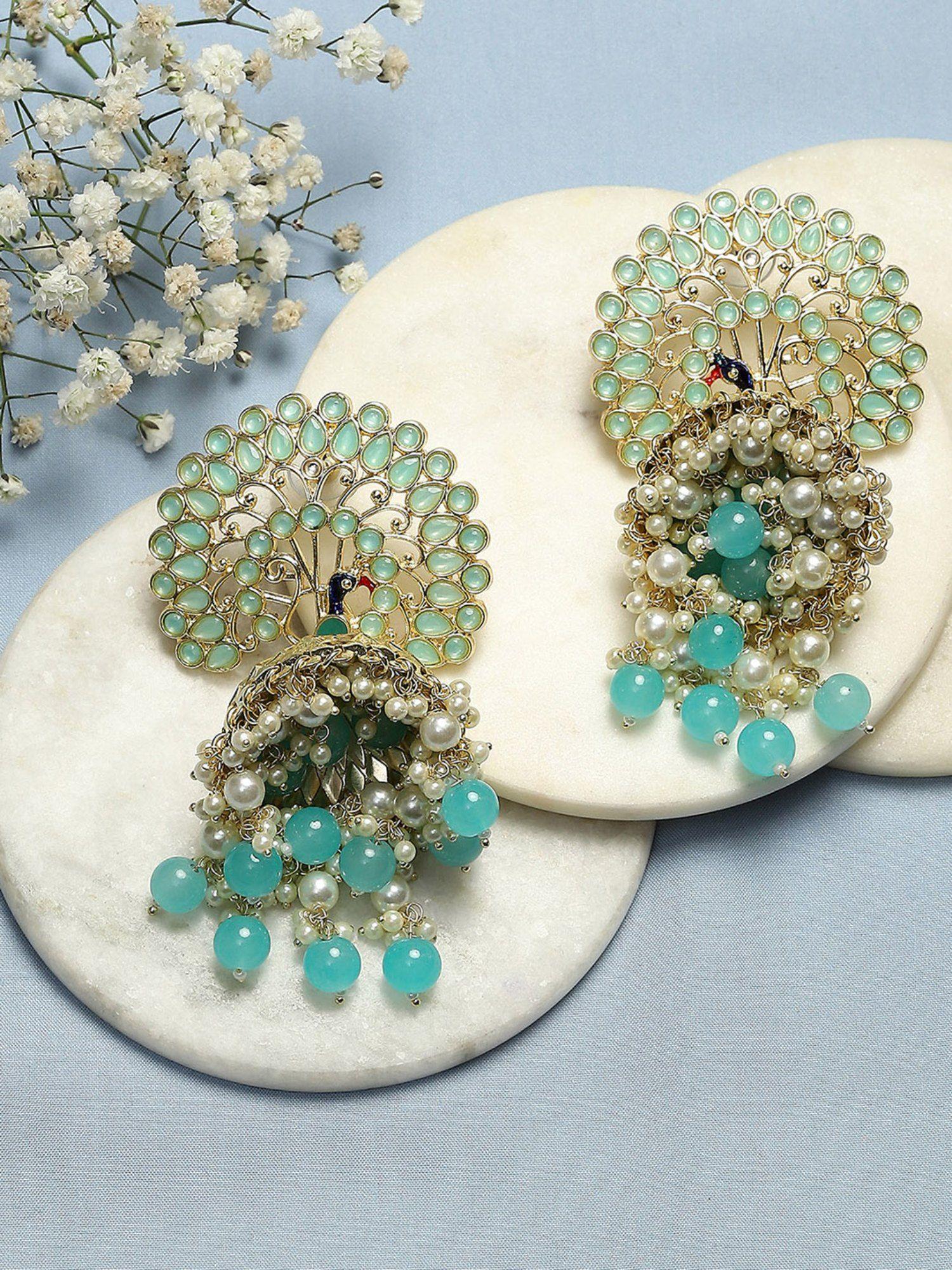 turquoise brass gold plated jhumki earrings