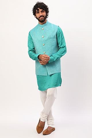 turquoise brocade bundi jacket with kurta set for boys