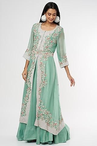 turquoise chanderi anarkali set