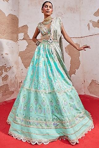 turquoise chanderi banarsi lehenga set