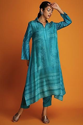 turquoise chanderi block-printed ombre tunic set