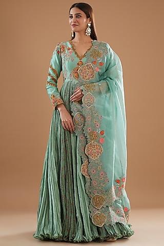 turquoise chanderi embroidered anarkali set