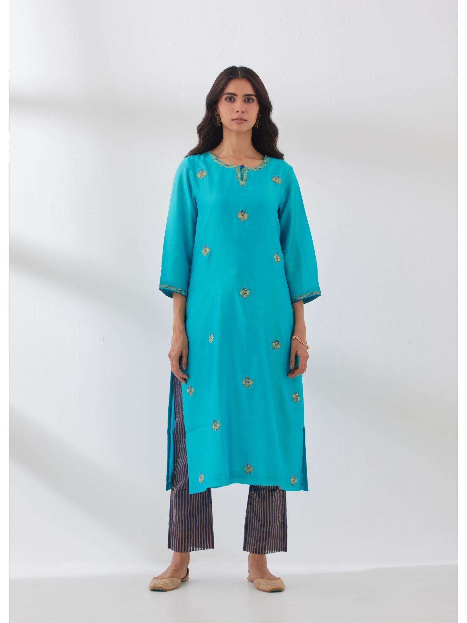 turquoise chanderi embroidered kurta