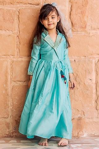 turquoise chanderi flared dress for girls