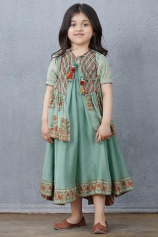 turquoise chanderi jacket dress for girls