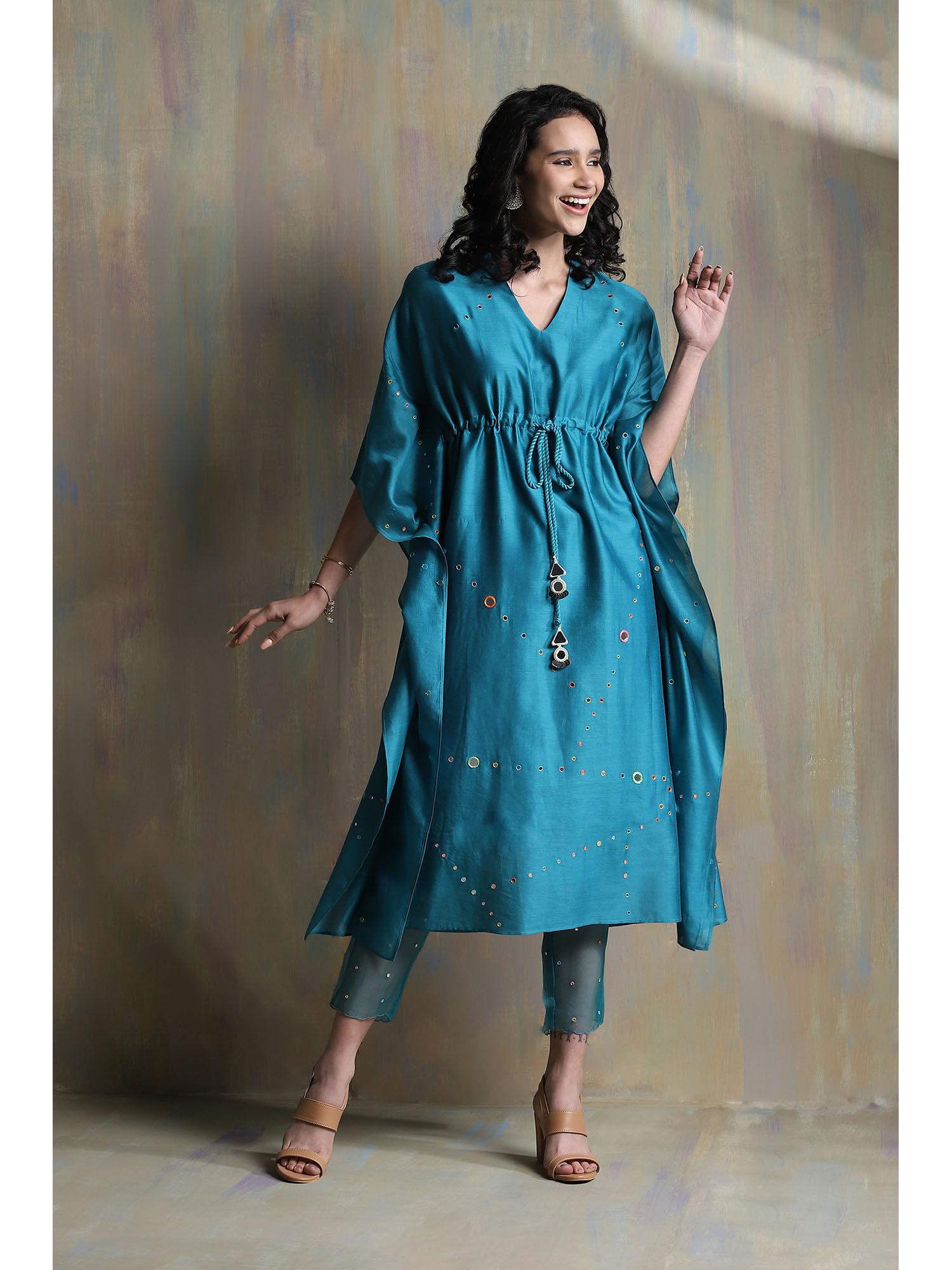 turquoise chanderi kaftan with pants (set of 2)