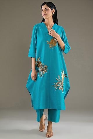 turquoise chanderi sequins hand embroidered tunic set