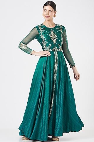 turquoise chanderi silk anarkali set