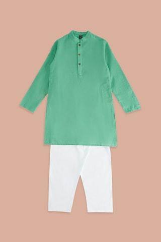 turquoise check casual mandarin full sleeves boys regular fit pant kurta set