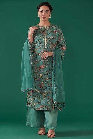 turquoise chinon chiffon printed & hand embroidered kurta set