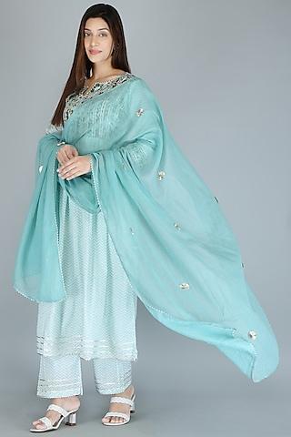 turquoise cotton block printed kurta set
