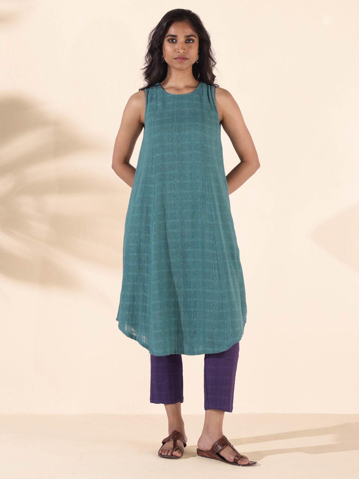 turquoise cotton dobby sleeveless kurta with pant (set of 2)