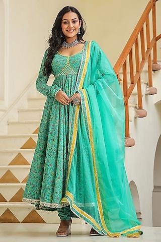 turquoise cotton flared anarkali set