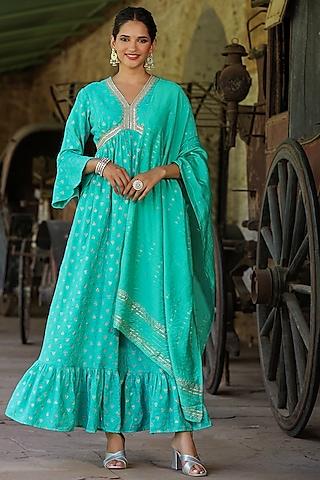 turquoise cotton jacquard embellished dress with dupatta