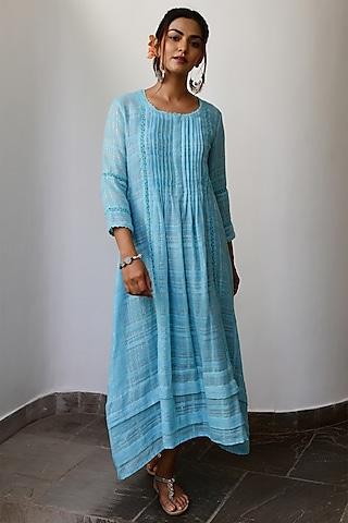 turquoise cotton lurex pintucked dress