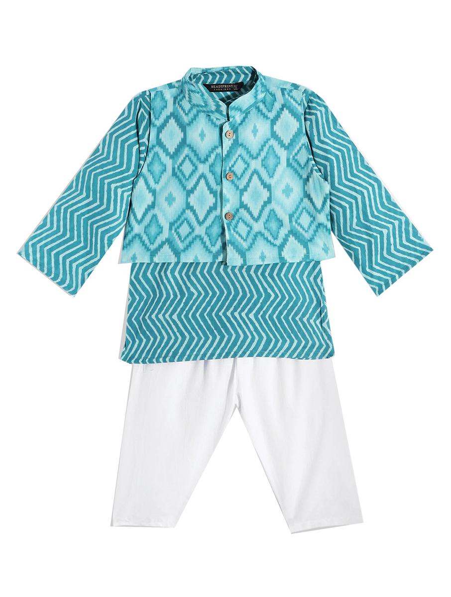 turquoise cotton nehru jacket with kurta and pyjama (set of 3)