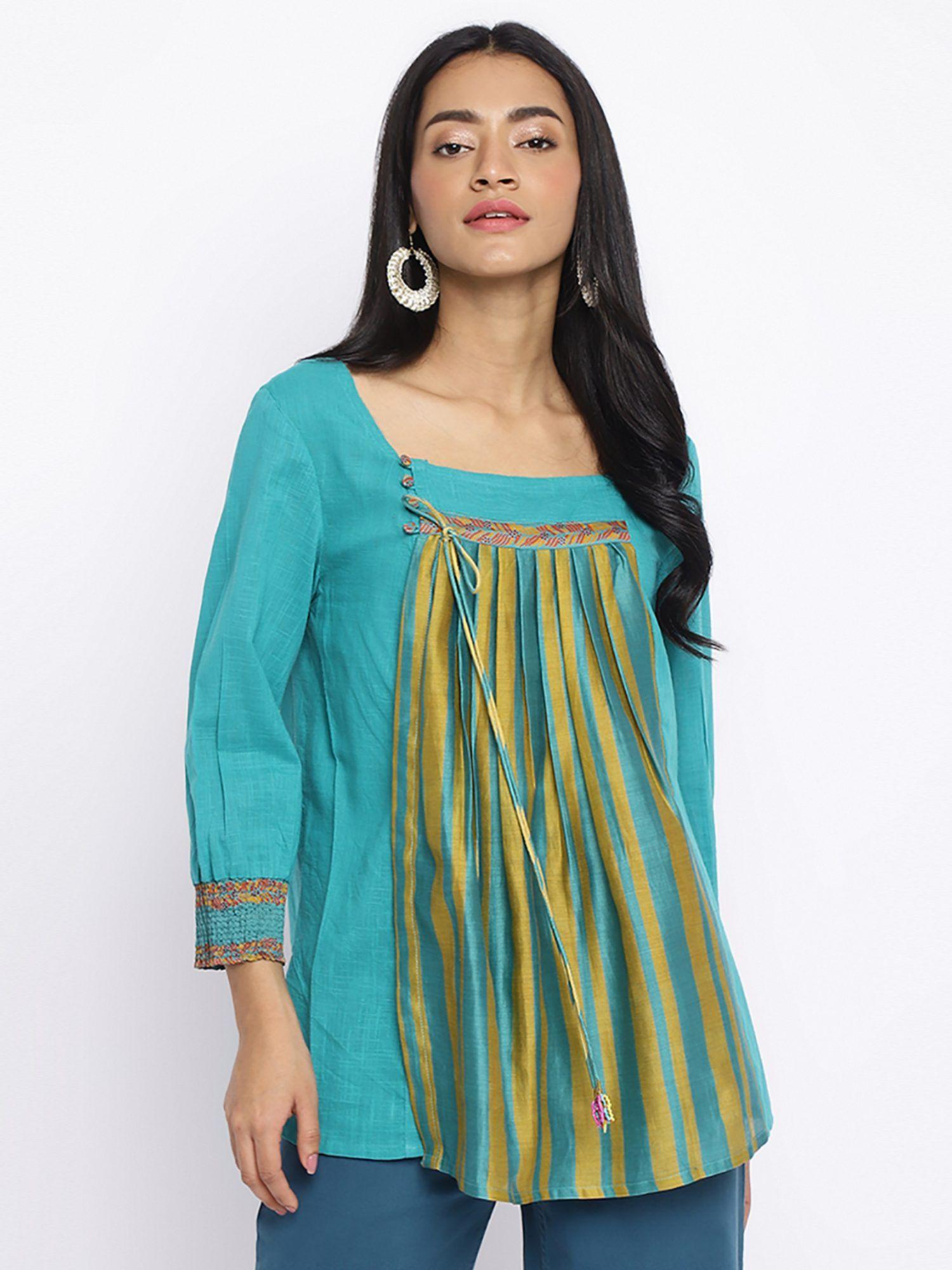 turquoise cotton printed slim fit short kurti