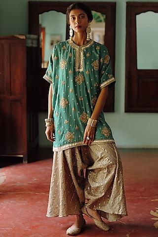 turquoise cotton satin silk dori embroidered kaftan set
