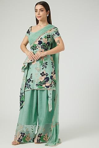 turquoise cotton silk embroidered kurta set
