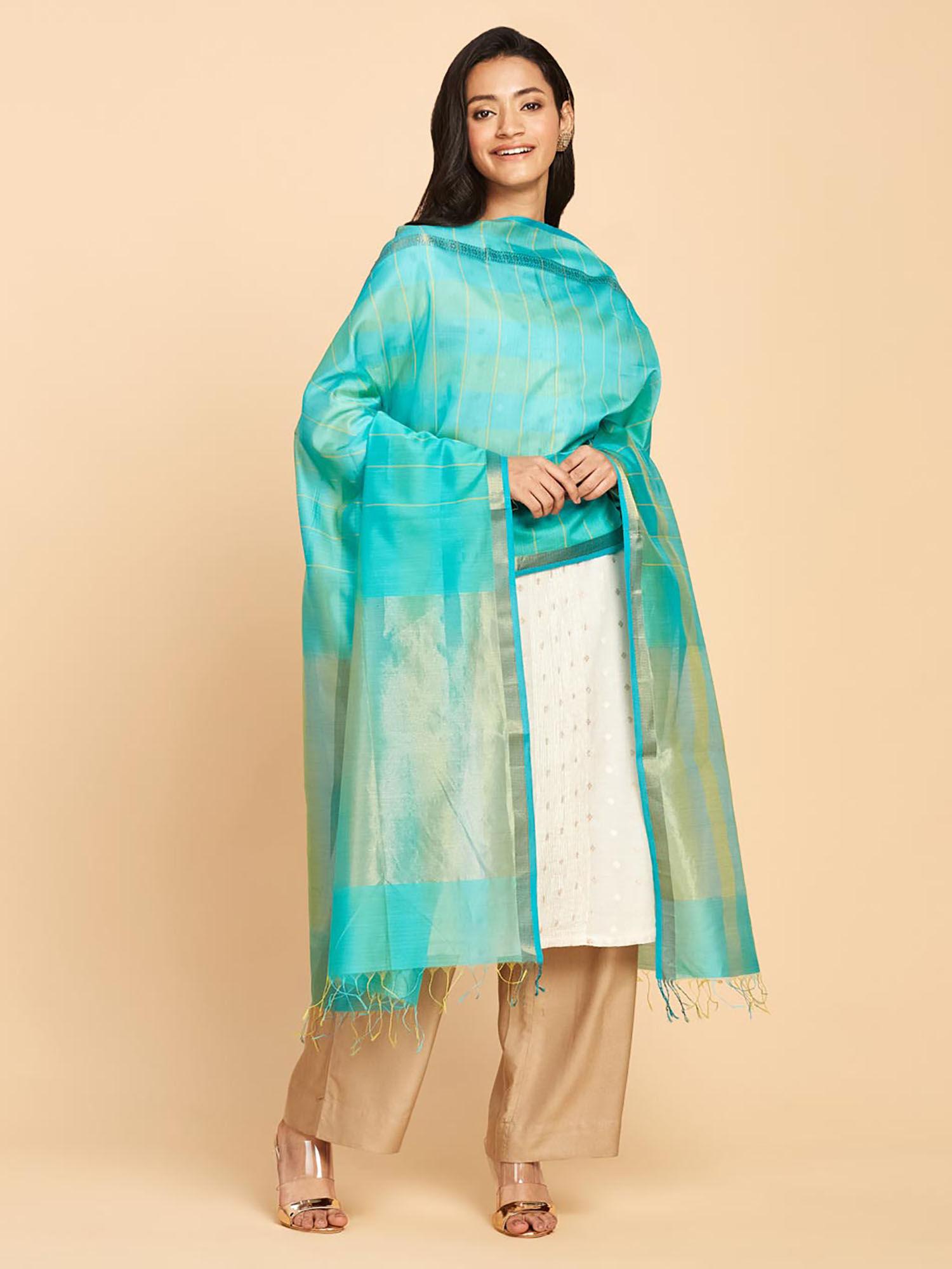 turquoise cotton silk striped maheshwari dupatta