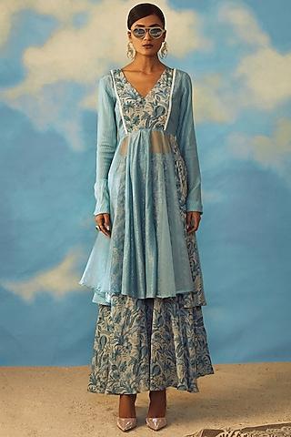 turquoise crepe & organza anarkali set