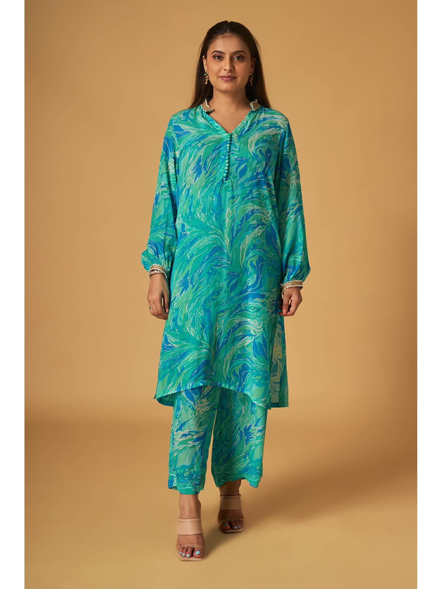 turquoise crepe printed kurta and pant co-ord (set of 2)