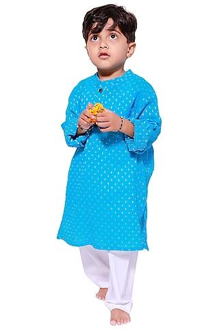 turquoise dobby cotton kurta set for boys